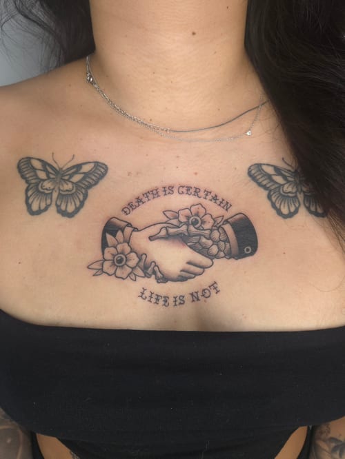 black & grey handshake with flowers tattoo — by ashynucklestattoo, los angeles