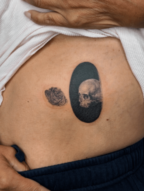 realism skull and rose tattoo — by lunayflorestattoo, los angeles