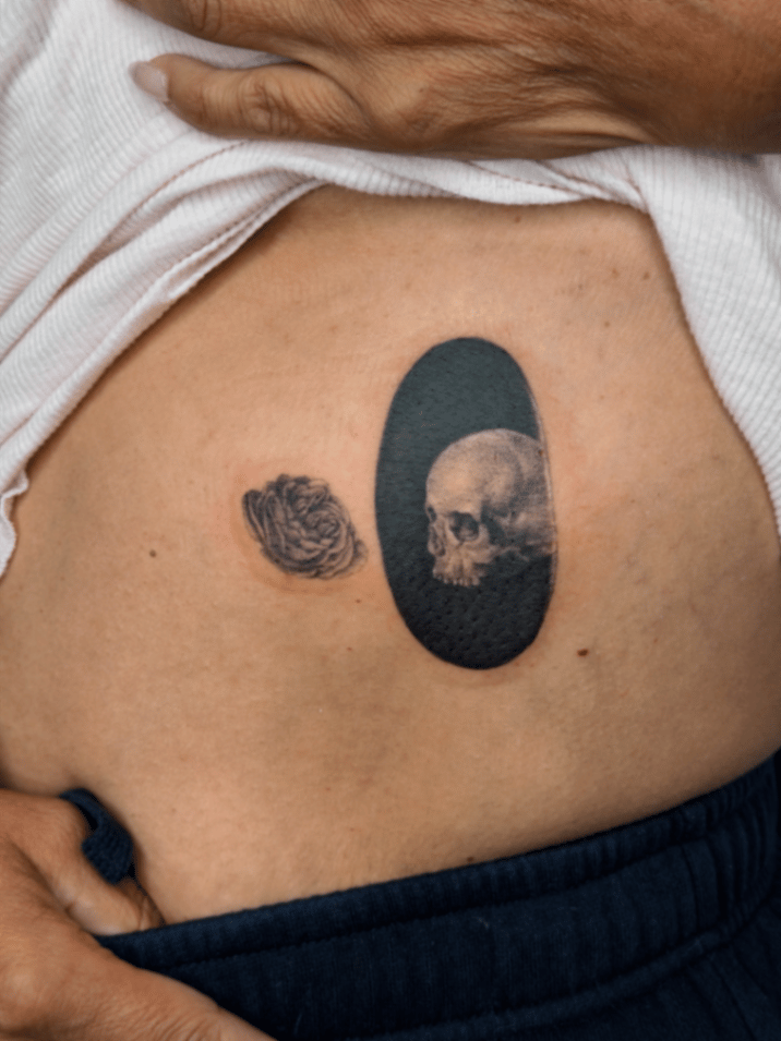 realism skull and rose tattoo — by lunayflorestattoo, los angeles