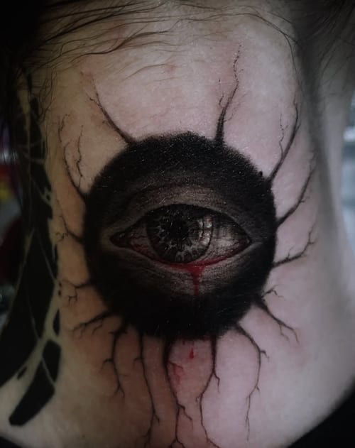 A black and grey tattoo of a realistic eye surrounded by a dark circular pattern with vein-like extensions on the neck, creating a dramatic and intense effect — by zitronxus, los angeles