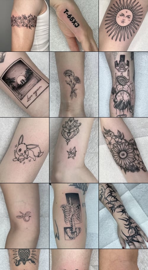 blackwork sun with face tattoo — by Vince Espinoza, los angeles