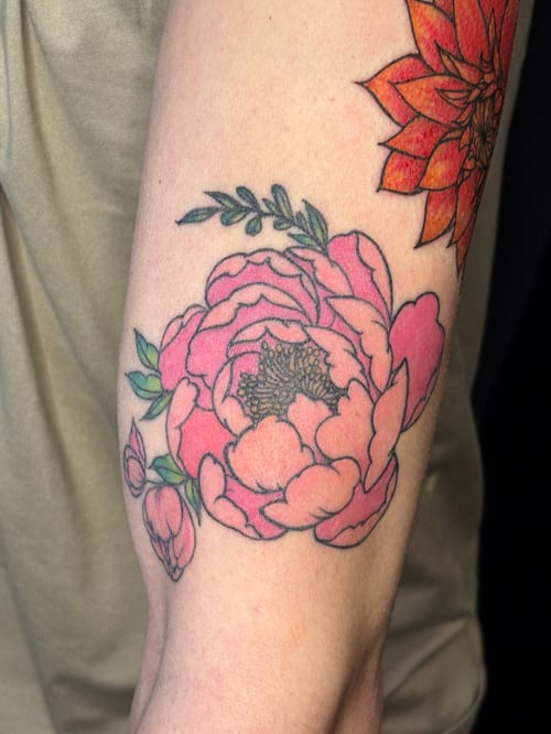 traditional peony flower tattoo — by Dead Pretty Tattoos, los angeles
