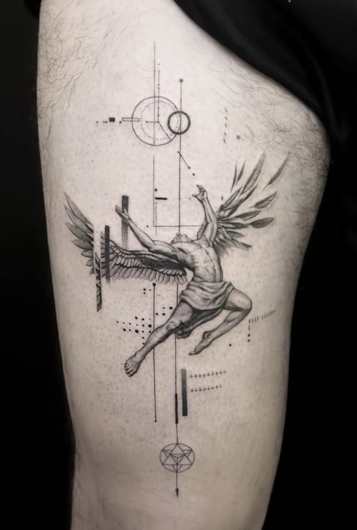 A black and grey tattoo of an angel with geometric elements on the thigh, featuring detailed linework and surreal composition — by Jian Liang, los angeles