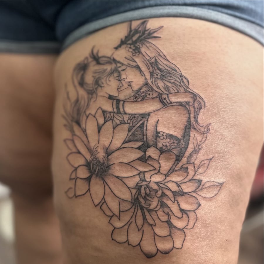 A delicate black and grey tattoo of a mother and daughter embracing with flowers on the thigh — by Maddie Ramirez, los angeles