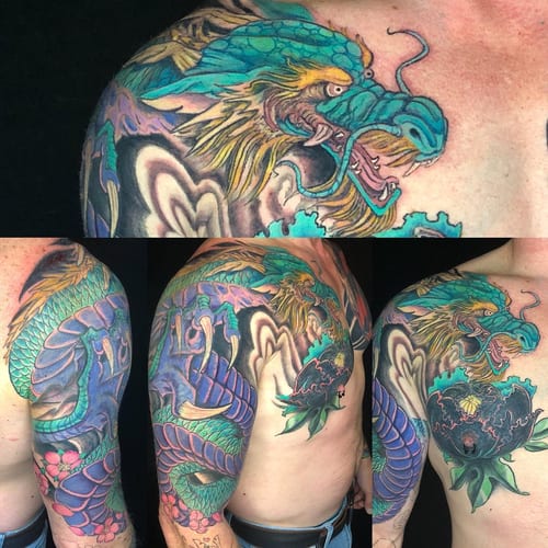 A vibrant Japanese-style dragon tattoo in full color, covering the chest and half sleeve with intricate details and bold colors — by Sandra Price, los angeles