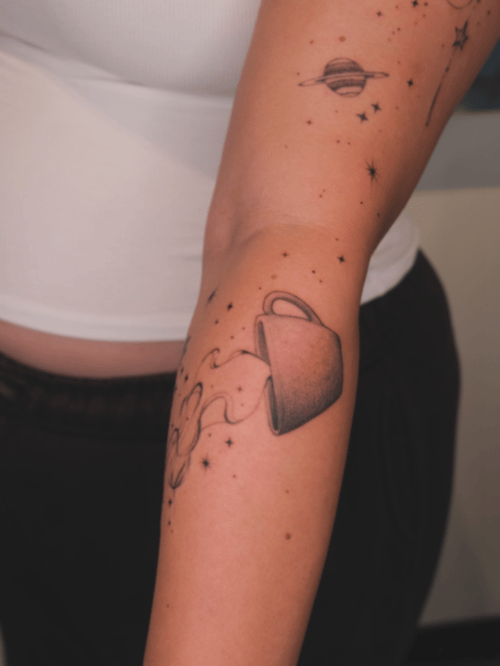 linework cup with stars tattoo — by Samantha Wilks, los angeles