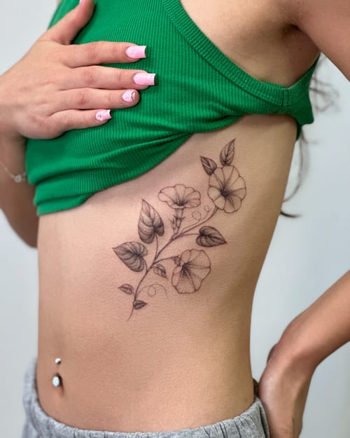 A delicate black and grey fine line flower vine tattoo on the rib, featuring intricate floral details — by Melanie Benoit, los angeles