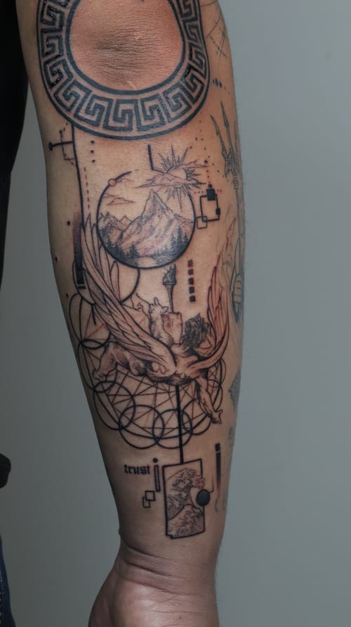 geometric angel with geometric elements tattoo — by Vince Espinoza, los angeles