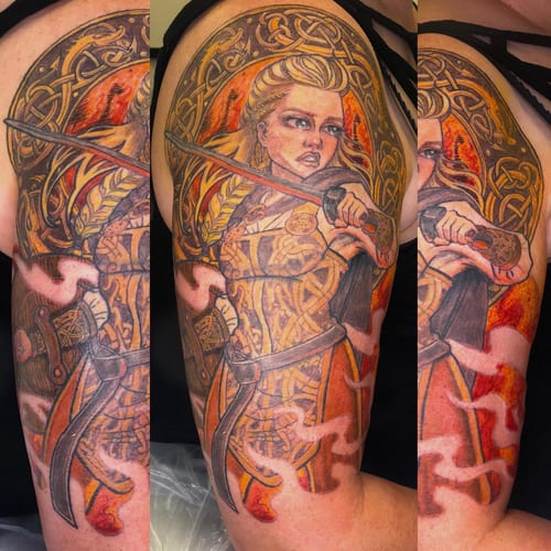 A bold and colorful neo-traditional tattoo of a warrior woman with a sword on the upper arm, featuring Celtic patterns and intricate details — by Sandra Price, los angeles