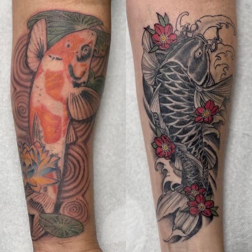 A Japanese style tattoo featuring a koi fish with flowers on the forearm, combining black and grey with color elements — by Sandra Price, los angeles