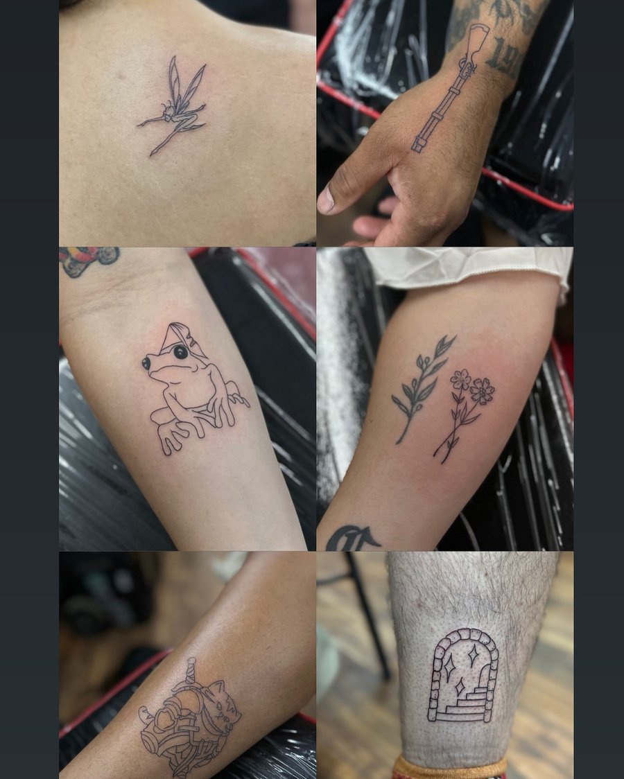 A whimsical fine line frog with a sword tattoo on the arm — by Maddie Ramirez, los angeles