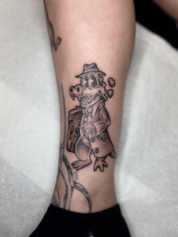 neo-traditional cartoon alligator in suit tattoo — by Engram, tarzana, ca
