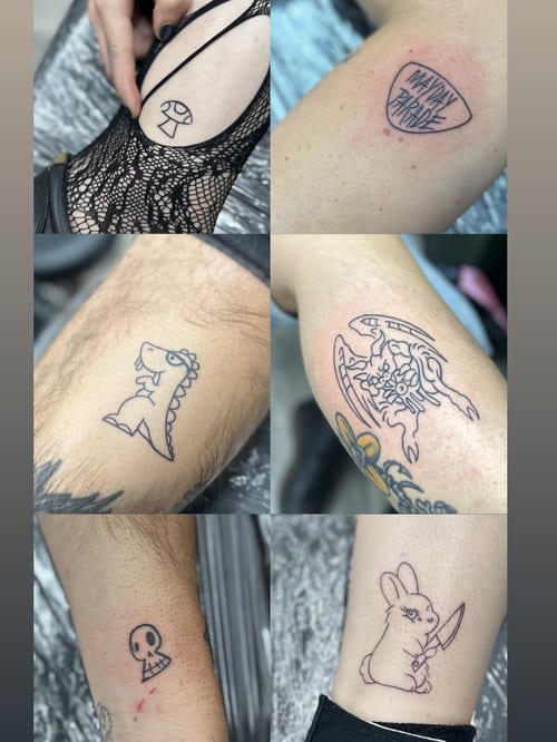 A collection of small minimalist tattoos including skulls, a mushroom, and a rabbit with a knife in black and grey linework — by Maddie Ramirez, los angeles