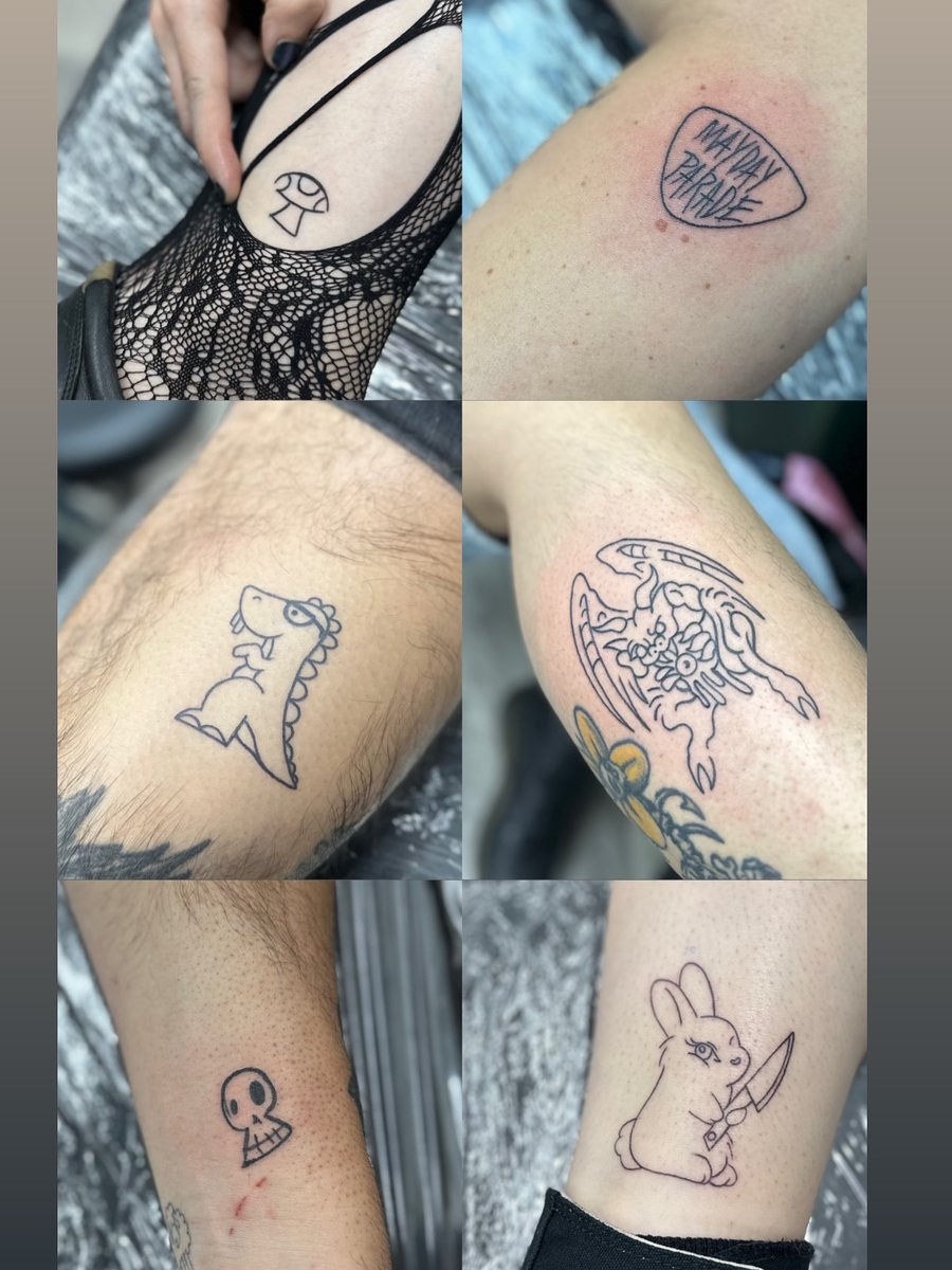A collection of small minimalist tattoos including skulls, a mushroom, and a rabbit with a knife in black and grey linework — by Maddie Ramirez, los angeles