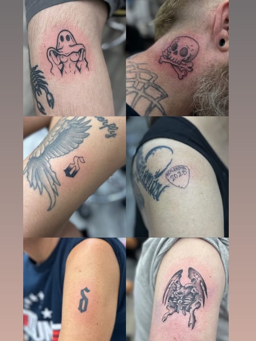 A collection of small blackwork tattoos including a skull, script, and animal designs — by Maddie Ramirez, los angeles
