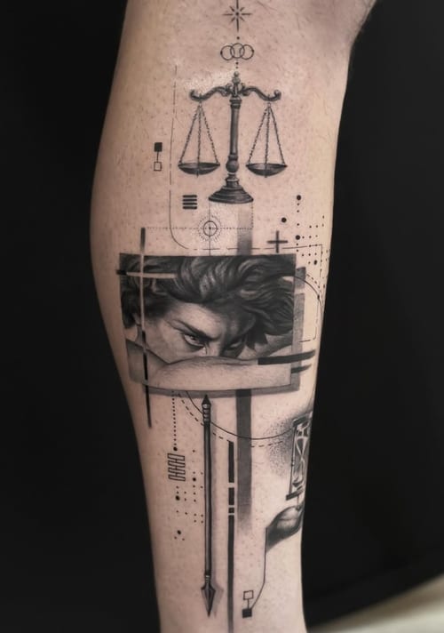 A black and grey surrealistic tattoo on the leg featuring a woman's face, scales, and a crown with intricate geometric elements — by Jian Liang, los angeles