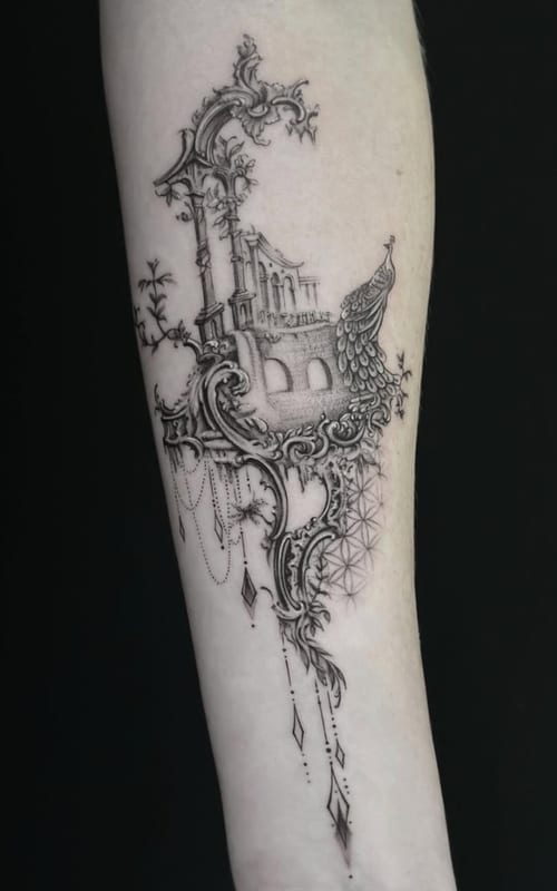 A detailed black and grey fine line tattoo of ornate architectural elements on the forearm, featuring intricate patterns and delicate shading — by Jian Liang, los angeles