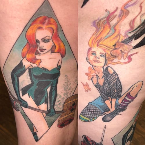 Colorful neo-traditional tattoos of female characters on the leg, featuring bold outlines and vibrant colors — by Sandra Price, los angeles