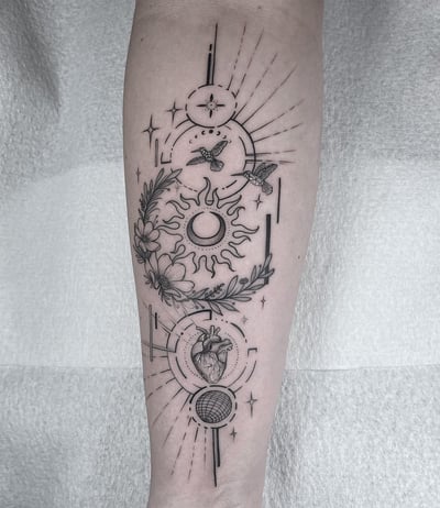fine line sun and moon with floral and heart tattoo — by Vince Espinoza, los angeles