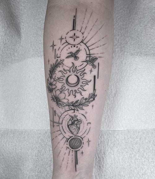 fine line sun and moon with floral and heart tattoo — by Vince Espinoza, los angeles