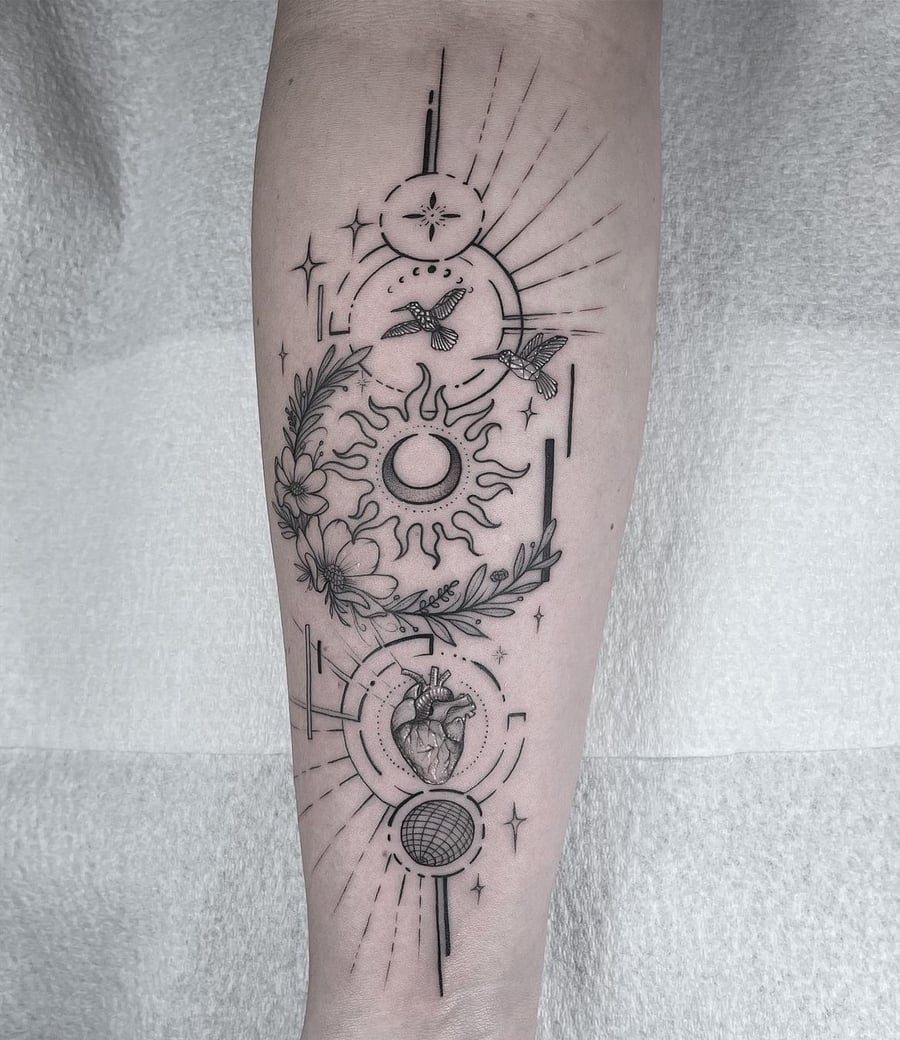 fine line sun and moon with floral and heart tattoo — by Vince Espinoza, los angeles