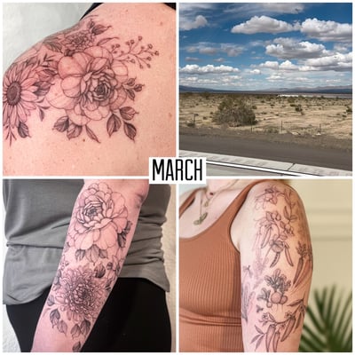 A delicate black and grey floral bouquet tattoo on the arm featuring intricate flower designs — by Melanie Benoit, los angeles
