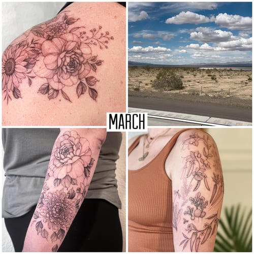 A delicate black and grey floral bouquet tattoo on the arm featuring intricate flower designs — by Melanie Benoit, los angeles