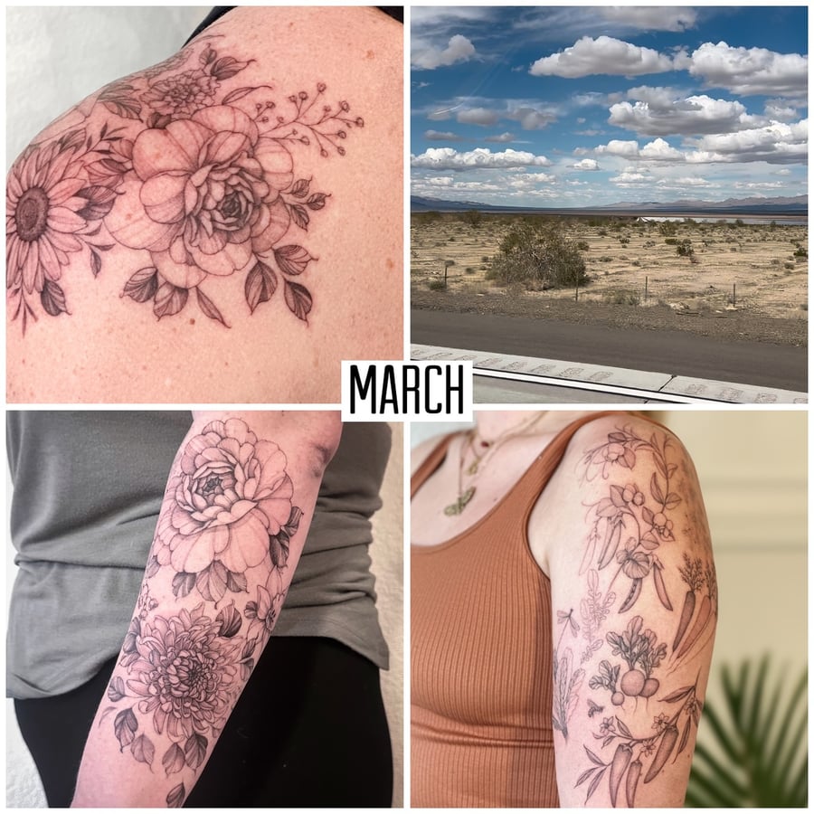 A delicate black and grey floral bouquet tattoo on the arm featuring intricate flower designs — by Melanie Benoit, los angeles