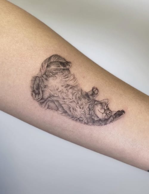 A detailed black and grey realism tattoo of a sleeping cat on the forearm, showcasing fine line work and intricate shading — by Jian Liang, los angeles