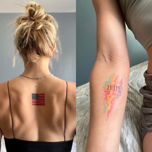 An American flag tattoo on the back and a colorful 11:11 tattoo with a watercolor background on the forearm — by Sandra Price, los angeles
