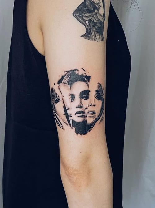 A black and grey portrait tattoo on the upper arm, featuring multiple overlapping faces of a woman with bold blackwork style — by Level tattoo, los angeles