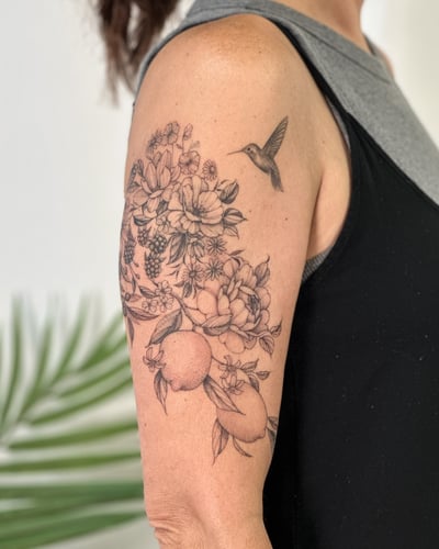 A delicate black and grey tattoo of a hummingbird and floral arrangement on the upper arm, featuring fine line work and intricate details — by Melanie Benoit, los angeles