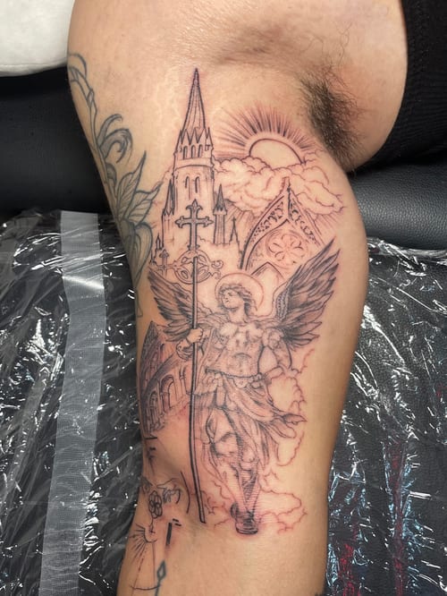 black & grey angel with cathedral tattoo — by Vince Espinoza, los angeles