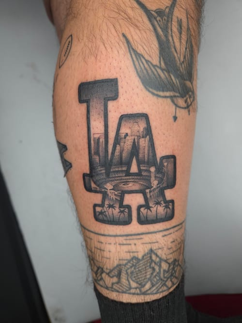 blackwork la cityscape tattoo — by ashynucklestattoo, los angeles