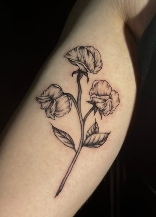 A fine line black and grey tattoo of delicate flowers on the inner arm, showcasing detailed linework and shading — by Shelby Bianco, los angeles