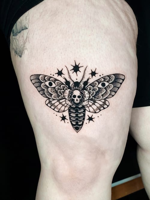 blackwork moth with skull tattoo — by katlyyons, los angeles