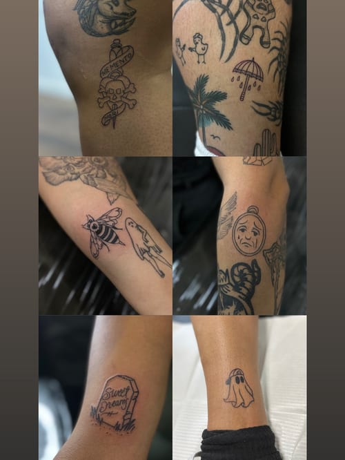 A collection of small blackwork tattoos including a skull, ghost, and bee — by Maddie Ramirez, los angeles