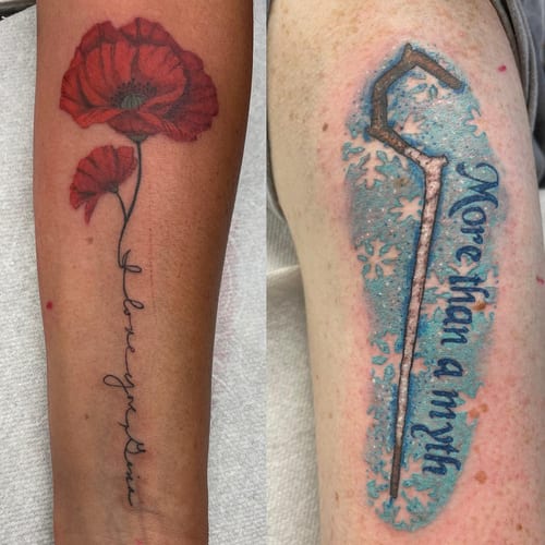 A realistic poppy flower with script text 'I love you' on the forearm, featuring bold red petals and delicate lettering — by Sandra Price, los angeles
