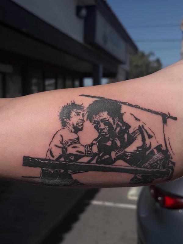 A bold blackwork tattoo of two men fighting on the forearm, depicted in an illustrative style — by Hannah , fountain valley, ca