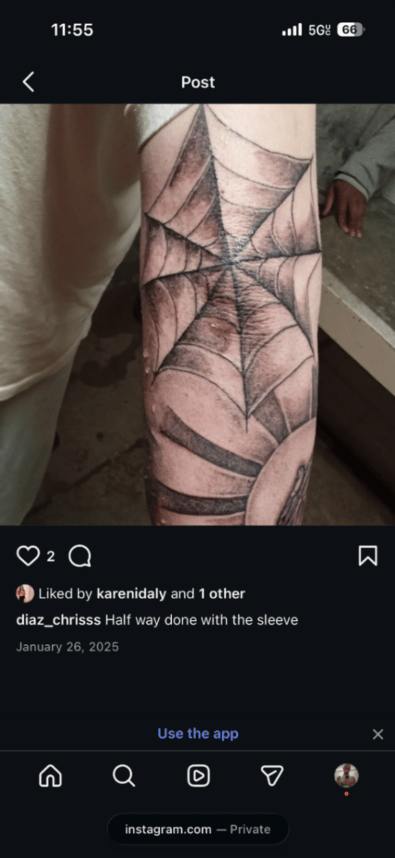 A black and grey geometric spider web design on the forearm, featuring bold lines and shading — by christopher diaz, los angeles