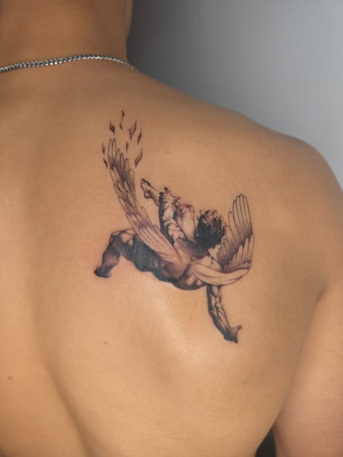 realism falling angel tattoo — by ashynucklestattoo, los angeles