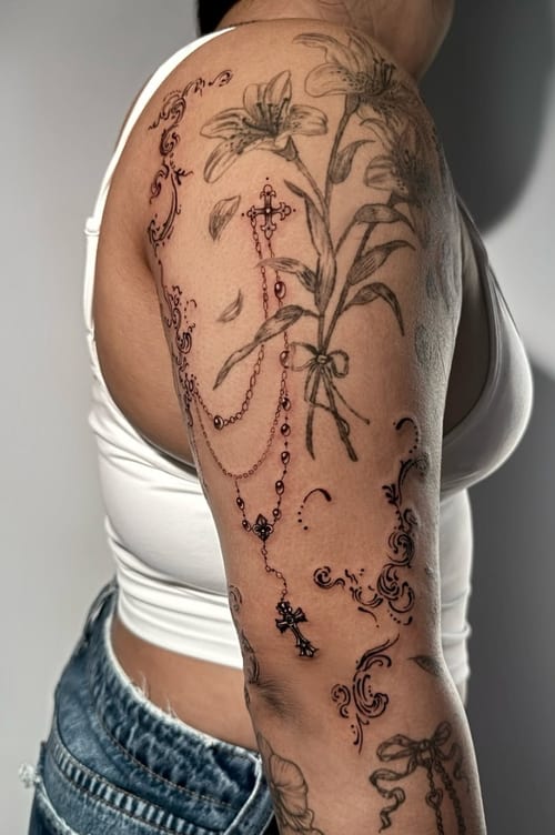 A black and grey floral tattoo on the upper arm featuring lilies and a rosary with a cross, done in a blackwork style — by Shelby Bianco, los angeles