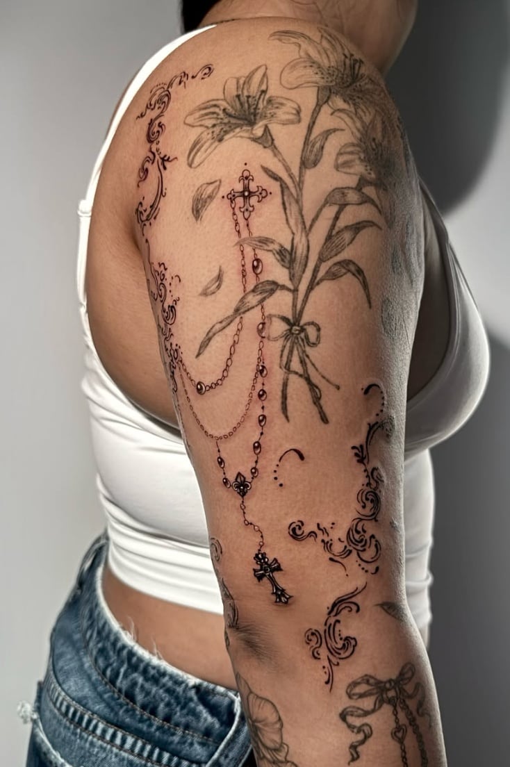 A black and grey floral tattoo on the upper arm featuring lilies and a rosary with a cross, done in a blackwork style — by Shelby Bianco, los angeles