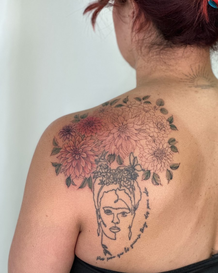 A delicate linework tattoo of a woman's face with colorful flowers on the back, combining floral and portrait elements — by Melanie Benoit, los angeles