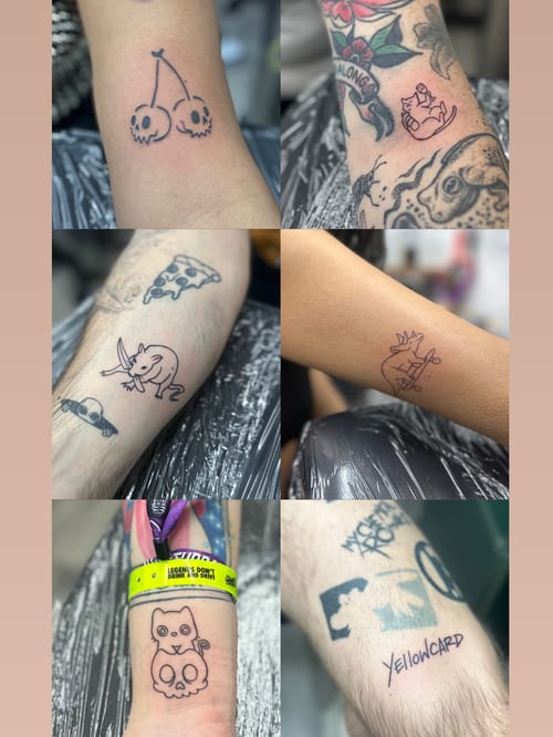 A collection of small minimalist tattoos including skulls, a cat, and a pizza slice in black and grey linework — by Maddie Ramirez, los angeles