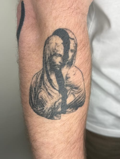 blackwork veiled figure tattoo — by Level tattoo, los angeles