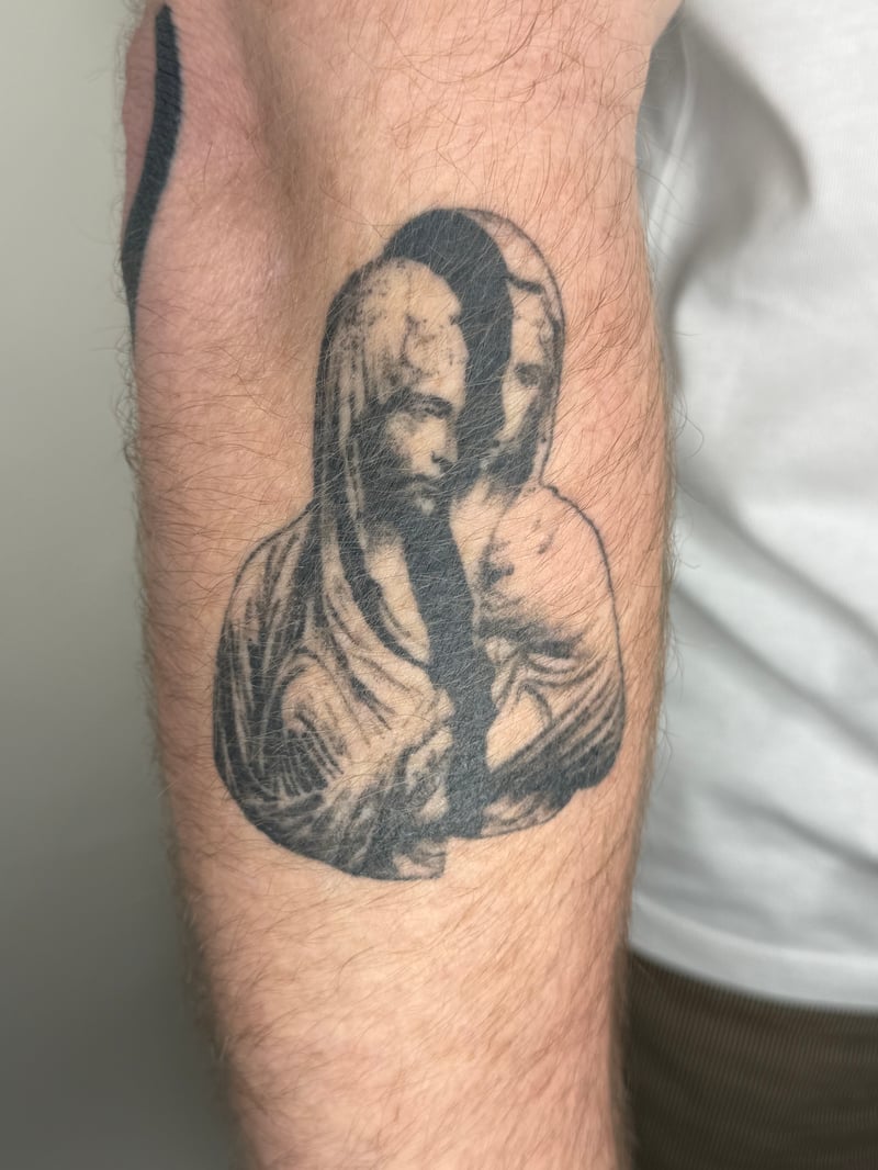 stippled black and grey realism tattoo of a veiled renaissance madonna bust by Level tattoo, a realism tattoo artist in los feliz, los angeles
