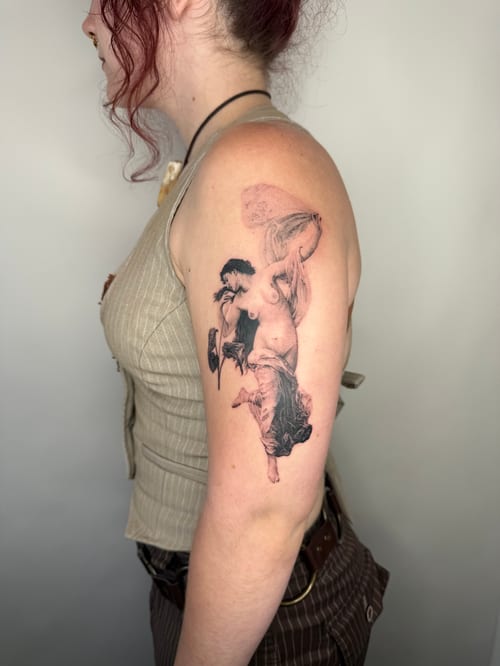 realism woman with drapery tattoo — by Level tattoo, los angeles
