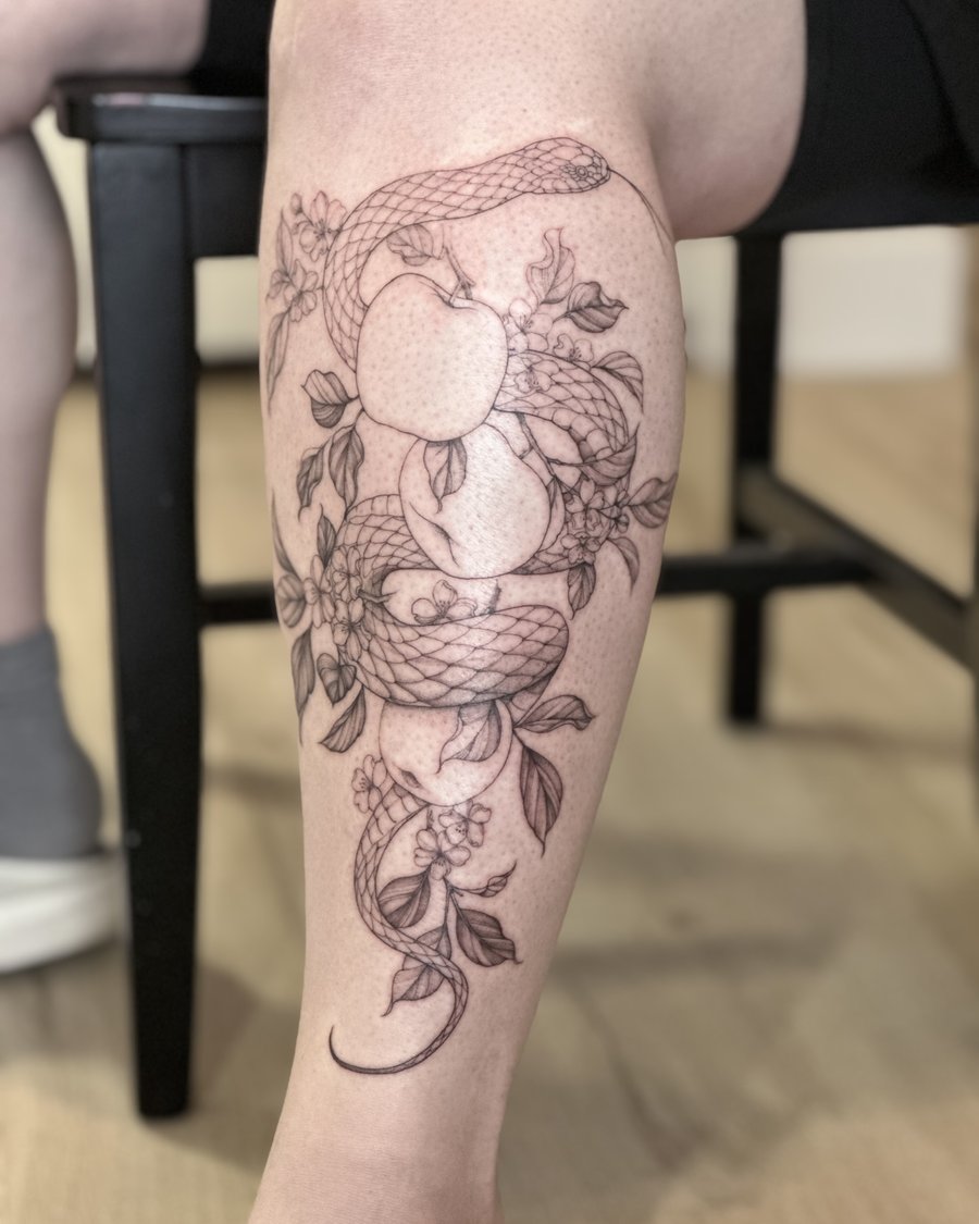 A delicate black and grey tattoo of a snake intertwined with apples and flowers on the calf, done in a fine line style — by Melanie Benoit, los angeles
