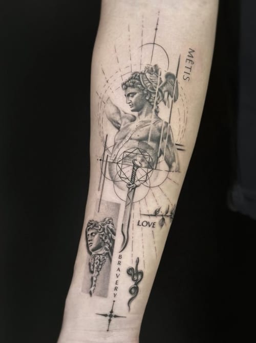 A black and grey tattoo on the forearm featuring a realistic portrait of a mythological figure, geometric elements, and a sword with the words 'LOVE' and 'BRAVERY' — by Jian Liang, los angeles